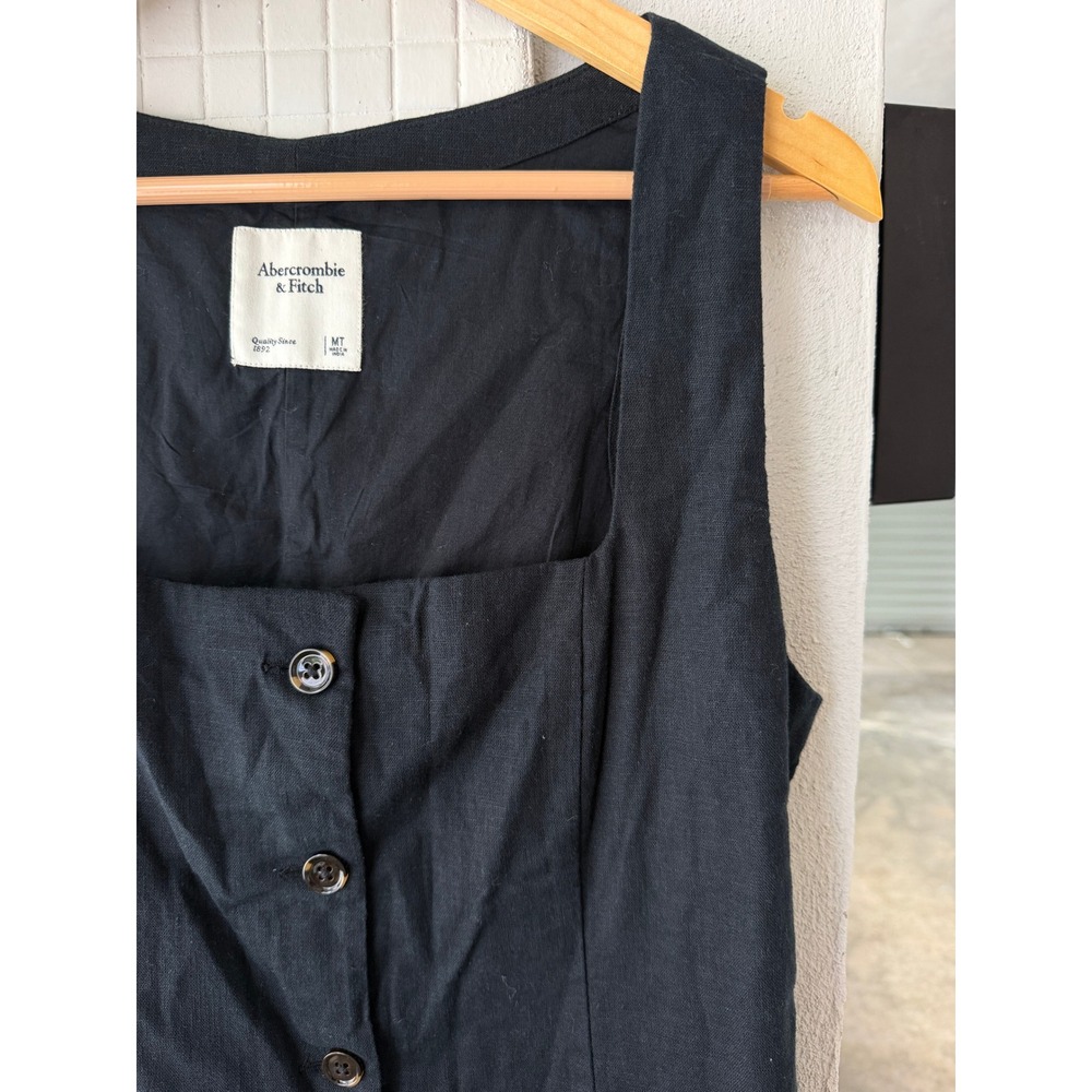 Abercrombie & Fitch Black Linen Blend Button Front Square Neck Dress MT Tall - Picture 3 of 7
